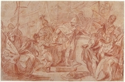 Scene from Ancient History (recto); Leg and Arm of a Nude Male Figure (verso), Nicola Marcola (Italian, Verona 1738–1770 Verona), Red chalk, highlighted with white, on beige paper (recto); red chalk, stumped (verso)
